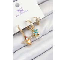 Pirinç Zirkon Taşlı 3'lü Arı Ve Çiçek Model Gold Renk Kadın Küpe - TJ-BKP11143