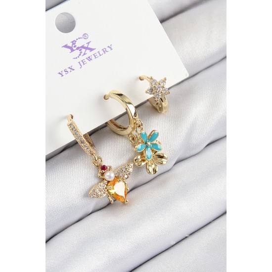 Pirinç Zirkon Taşlı 3'lü Arı Ve Çiçek Model Gold Renk Kadın Küpe - TJ-BKP11143