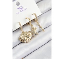 Pirinç Zirkon Taşlı 3'lü İstiridye Ve Yıldız Model Gold Renk Kadın Küpe - TJ-BKP11144