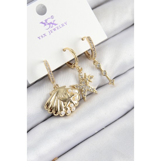 Pirinç Zirkon Taşlı 3'lü İstiridye Ve Yıldız Model Gold Renk Kadın Küpe - TJ-BKP11144