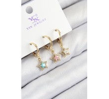 Pirinç Zirkon Taşlı 3'lü Renkli Yıldız Model Gold Renk Kadın Küpe - TJ-BKP11145