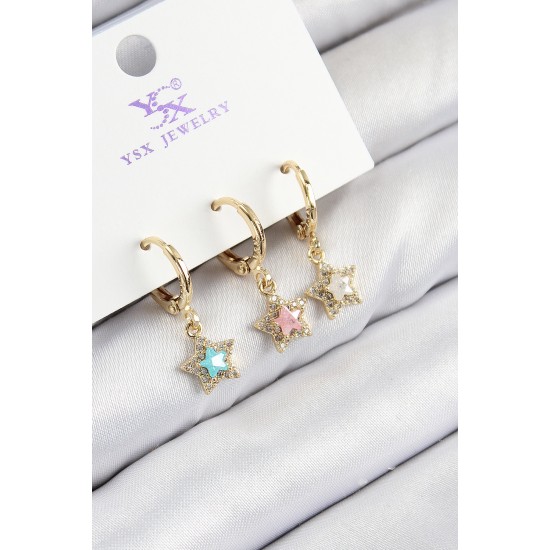 Pirinç Zirkon Taşlı 3'lü Renkli Yıldız Model Gold Renk Kadın Küpe - TJ-BKP11145