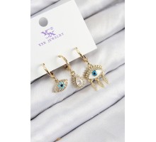 Pirinç Zirkon Taşlı 3'lü Fatma'nın Gözü Model Gold Renk Kadın Küpe - TJ-BKP11146