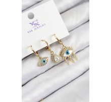 Pirinç Zirkon Taşlı 3'lü Fatma'nın Gözü Model Gold Renk Kadın Küpe - TJ-BKP11146