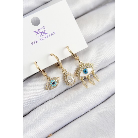 Pirinç Zirkon Taşlı 3'lü Fatma'nın Gözü Model Gold Renk Kadın Küpe - TJ-BKP11146