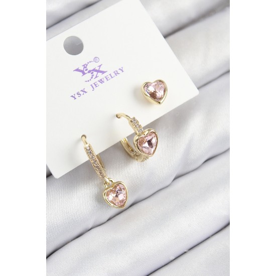 Pirinç Zirkon Taşlı 3'lü Pembe Kalp Model Gold Renk Kadın Küpe - TJ-BKP11147