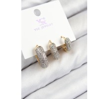 Pirinç Zirkon Taşlı 3'lü Halka Model Gold Ve Gümüş Renk Kadın Küpe - TJ-BKP11148