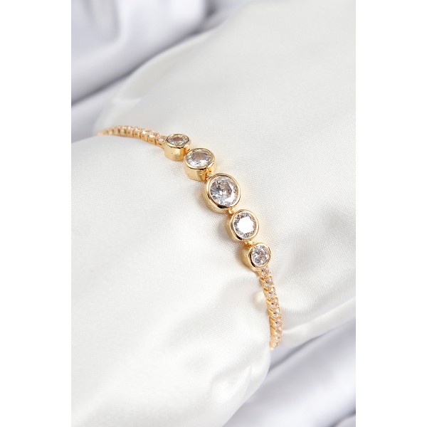 Pirinç Zirkon Taşlı Sıralı Daire Model Gold Renk Asansörlü Kadın Bileklik - TJ-BB7719