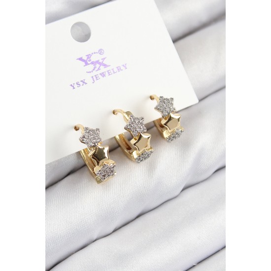 Pirinç Zirkon Taşlı 3'lü Halka Yıldız Model Gold Ve Gümüş Renk Kadın Küpe - TJ-BKP11149