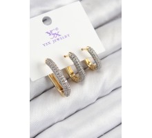 Pirinç Zirkon Taşlı 3'lü Oval Dikdörtgen Model Gold Ve Gümüş Renk Kadın Küpe - TJ-BKP11150