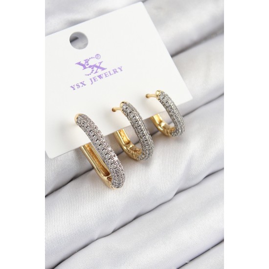 Pirinç Zirkon Taşlı 3'lü Oval Dikdörtgen Model Gold Ve Gümüş Renk Kadın Küpe - TJ-BKP11150