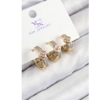 Pirinç Zirkon Taşlı 3'lü Halka Yonca Model Gold Ve Gümüş Renk Kadın Küpe - TJ-BKP11152