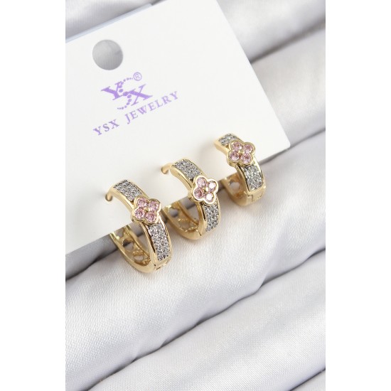 Pirinç Zirkon Taşlı 3'lü Halka Yonca Model Gold Ve Gümüş Renk Kadın Küpe - TJ-BKP11152