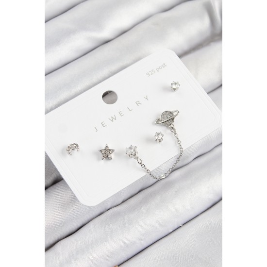 Pirinç Zirkon Taşlı Yıldız Ve Gezegen Model Gümüş Renk 925 Ayar Gümüş Çivi Kadın Küpe Set - TJ-BKP11153
