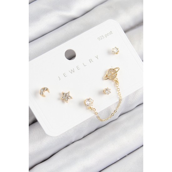 Pirinç Zirkon Taşlı Yıldız Ve Gezegen Model Gold Renk 925 Ayar Gümüş Çivi Kadın Küpe Set - TJ-BKP11154
