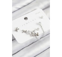 Pirinç Zirkon Taşlı Fiyonk Model Gümüş Renk 925 Ayar Gümüş Çivi Kadın Küpe Set - TJ-BKP11155