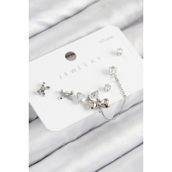 Pirinç Zirkon Taşlı Fiyonk Model Gümüş Renk 925 Ayar Gümüş Çivi Kadın Küpe Set - TJ-BKP11155