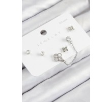 Pirinç Zirkon Taşlı Yonca Model Gümüş Renk 925 Ayar Gümüş Çivi Kadın Küpe Set - TJ-BKP11157