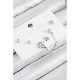 Pirinç Zirkon Taşlı Yonca Model Gümüş Renk 925 Ayar Gümüş Çivi Kadın Küpe Set - TJ-BKP11157