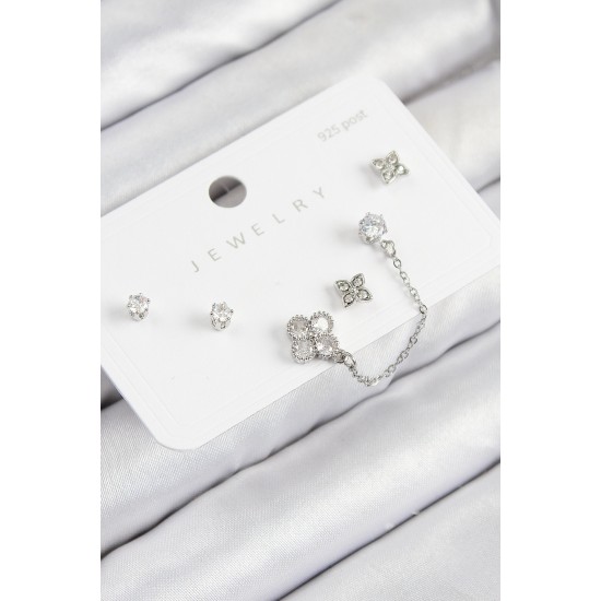 Pirinç Zirkon Taşlı Yonca Model Gümüş Renk 925 Ayar Gümüş Çivi Kadın Küpe Set - TJ-BKP11157