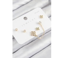 Pirinç Zirkon Taşlı Yonca Model Gold Renk 925 Ayar Gümüş Çivi Kadın Küpe Set - TJ-BKP11158