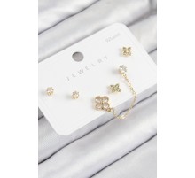 Pirinç Zirkon Taşlı Yonca Model Gold Renk 925 Ayar Gümüş Çivi Kadın Küpe Set - TJ-BKP11158