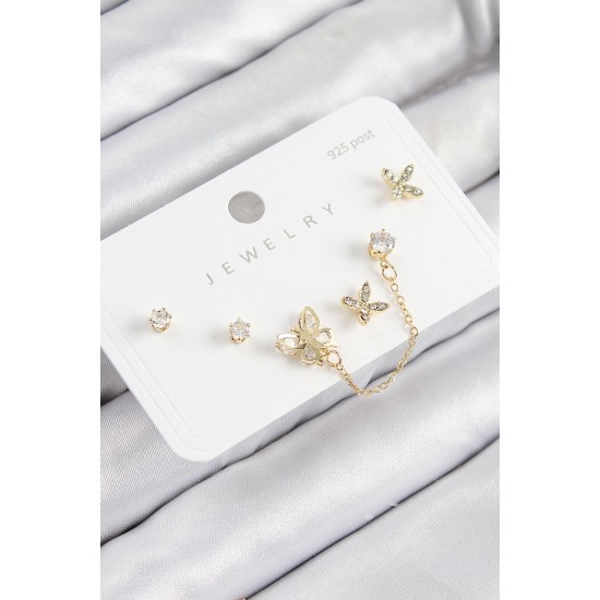 Pirinç Zirkon Taşlı Kelebek Model Gold Renk 925 Ayar Gümüş Çivi Kadın Küpe Set - TJ-BKP11160