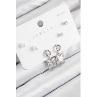 Pirinç Zirkon Taşlı Sallantılı Kare Model Gümüş Renk 925 Ayar Gümüş Çivi Kadın Küpe Set - TJ-BKP11161