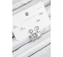 Pirinç Zirkon Taşlı Sallantılı Kare Model Gümüş Renk 925 Ayar Gümüş Çivi Kadın Küpe Set - TJ-BKP11161