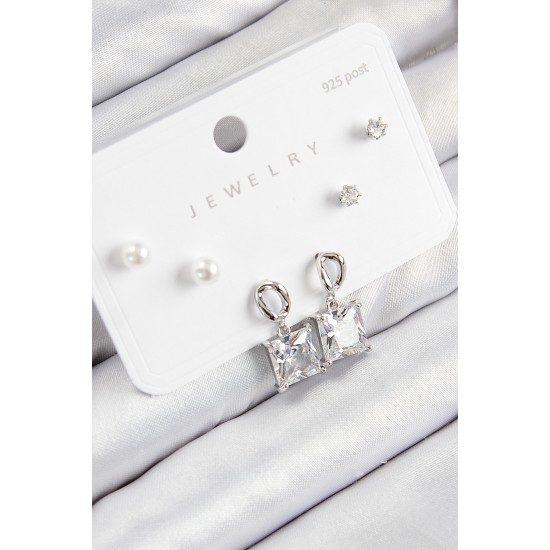 Pirinç Zirkon Taşlı Sallantılı Kare Model Gümüş Renk 925 Ayar Gümüş Çivi Kadın Küpe Set - TJ-BKP11161