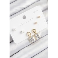 Pirinç Zirkon Taşlı Sallantılı Kare Model Gold Renk 925 Ayar Gümüş Çivi Kadın Küpe Set TJ-BKP11162