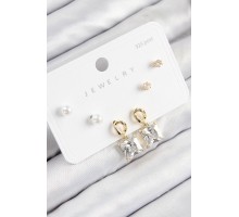 Pirinç Zirkon Taşlı Sallantılı Kare Model Gold Renk 925 Ayar Gümüş Çivi Kadın Küpe Set - TJ-BKP11162