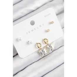 Pirinç Zirkon Taşlı Sallantılı Kare Model Gold Renk 925 Ayar Gümüş Çivi Kadın Küpe Set TJ-BKP11162