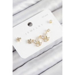 Pirinç Zirkon Taşlı Kelebek Model Gold Renk 925 Ayar Gümüş Çivi Kadın Küpe Set - TJ-BKP11166