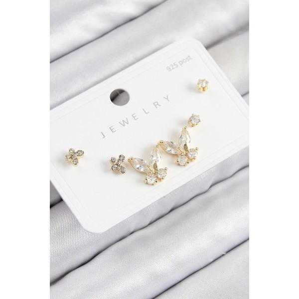 Pirinç Zirkon Taşlı Kelebek Model Gold Renk 925 Ayar Gümüş Çivi Kadın Küpe Set - TJ-BKP11166