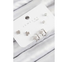 Pirinç Zirkon Taşlı Kutup Yıldızı Model Gümüş Renk 925 Ayar Gümüş Çivi Kadın Küpe Set - TJ-BKP11167
