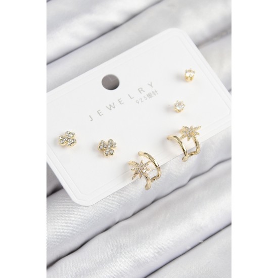 Pirinç Zirkon Taşlı Kutup Yıldızı Model Gold Renk 925 Ayar Gümüş Çivi Kadın Küpe Set - TJ-BKP11168