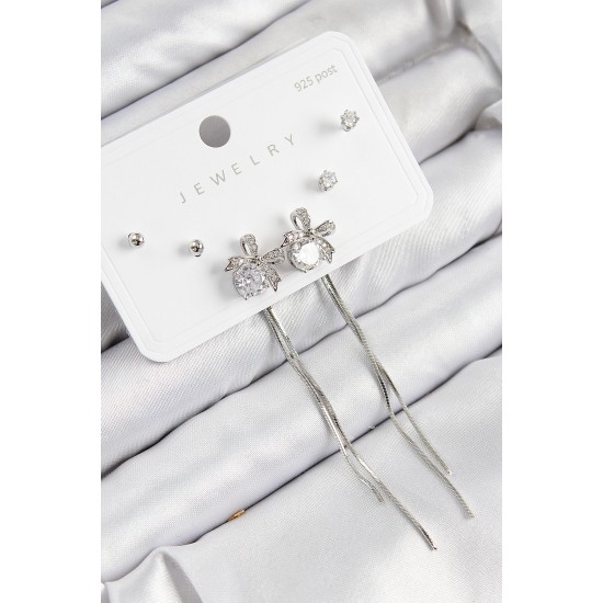 Pirinç Zirkon Taşlı Sallantılı Fiyonk Model Gümüş Renk 925 Ayar Gümüş Çivi Kadın Küpe Set - TJ-BKP11169
