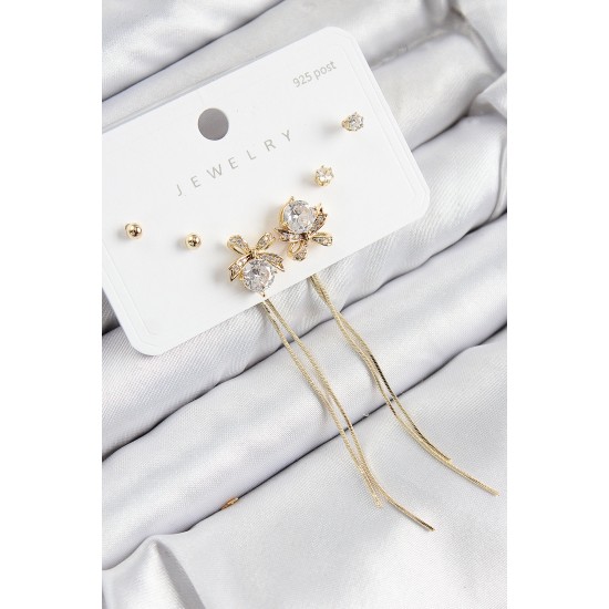 Pirinç Zirkon Taşlı Sallantılı Fiyonk Model Gold Renk 925 Ayar Gümüş Çivi Kadın Küpe Set - TJ-BKP11170