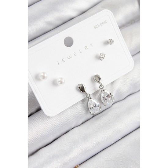 Pirinç Zirkon Taşlı Sallantılı Damla Model Gümüş Renk 925 Ayar Gümüş Çivi Kadın Küpe Set - TJ-BKP11171