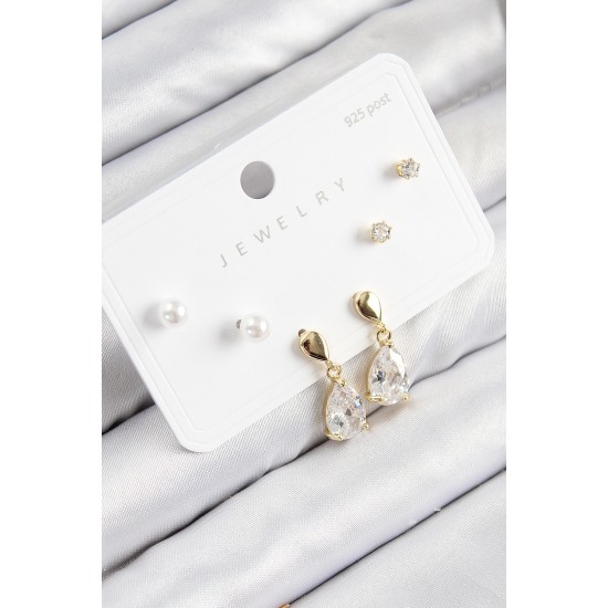 Pirinç Zirkon Taşlı Sallantılı Damla Model Gold Renk 925 Ayar Gümüş Çivi Kadın Küpe Set - TJ-BKP11172