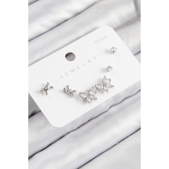 Pirinç Zirkon Taşlı Fiyonk Model Gümüş Renk 925 Ayar Gümüş Çivi Kadın Küpe Set - TJ-BKP11173