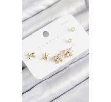 Pirinç Zirkon Taşlı Fiyonk Model Gold Renk 925 Ayar Gümüş Çivi Kadın Küpe Set - TJ-BKP11174