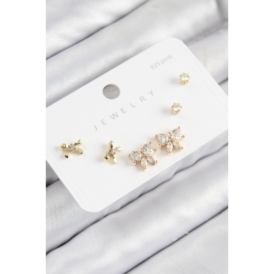 Pirinç Zirkon Taşlı Fiyonk Model Gold Renk 925 Ayar Gümüş Çivi Kadın Küpe Set - TJ-BKP11174