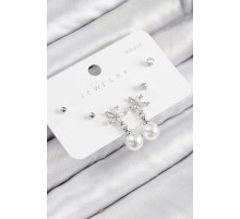 Pirinç Zirkon Taşlı İnci Sallantılı Çiçek Model Gümüş Renk 925 Ayar Gümüş Çivi Kadın Küpe Set - TJ-BKP11175