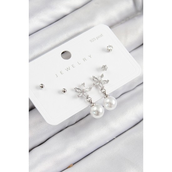 Pirinç Zirkon Taşlı İnci Sallantılı Çiçek Model Gümüş Renk 925 Ayar Gümüş Çivi Kadın Küpe Set - TJ-BKP11175