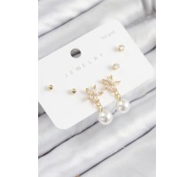 Pirinç Zirkon Taşlı İnci Sallantılı Çiçek Model Gümüş Renk 925 Ayar Gümüş Çivi Kadın Küpe Set - TJ-BKP11176