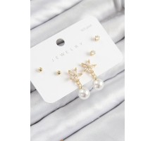 Pirinç Zirkon Taşlı İnci Sallantılı Çiçek Model Gümüş Renk 925 Ayar Gümüş Çivi Kadın Küpe Set - TJ-BKP11176