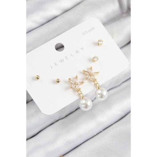 Pirinç Zirkon Taşlı İnci Sallantılı Çiçek Model Gümüş Renk 925 Ayar Gümüş Çivi Kadın Küpe Set - TJ-BKP11176