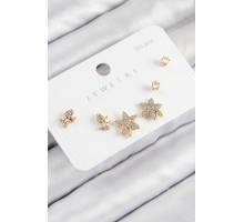 Pirinç Zirkon Taşlı Yıldız Ve Gül Model Gold Renk 925 Ayar Gümüş Çivi Kadın Küpe Set - TJ-BKP11180
